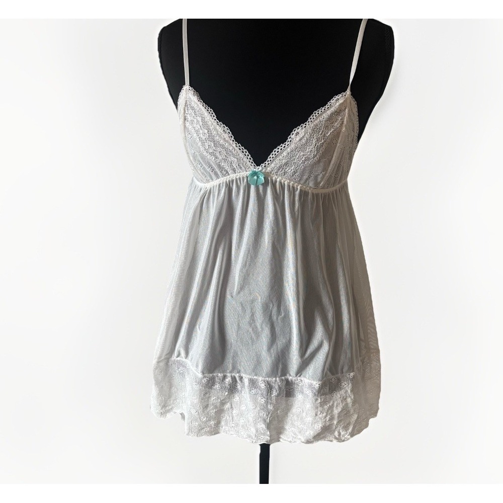 Y2K Victoria's Secret Angel White Babydoll Dress Sheer Lace Blue‎ Bow Size Small